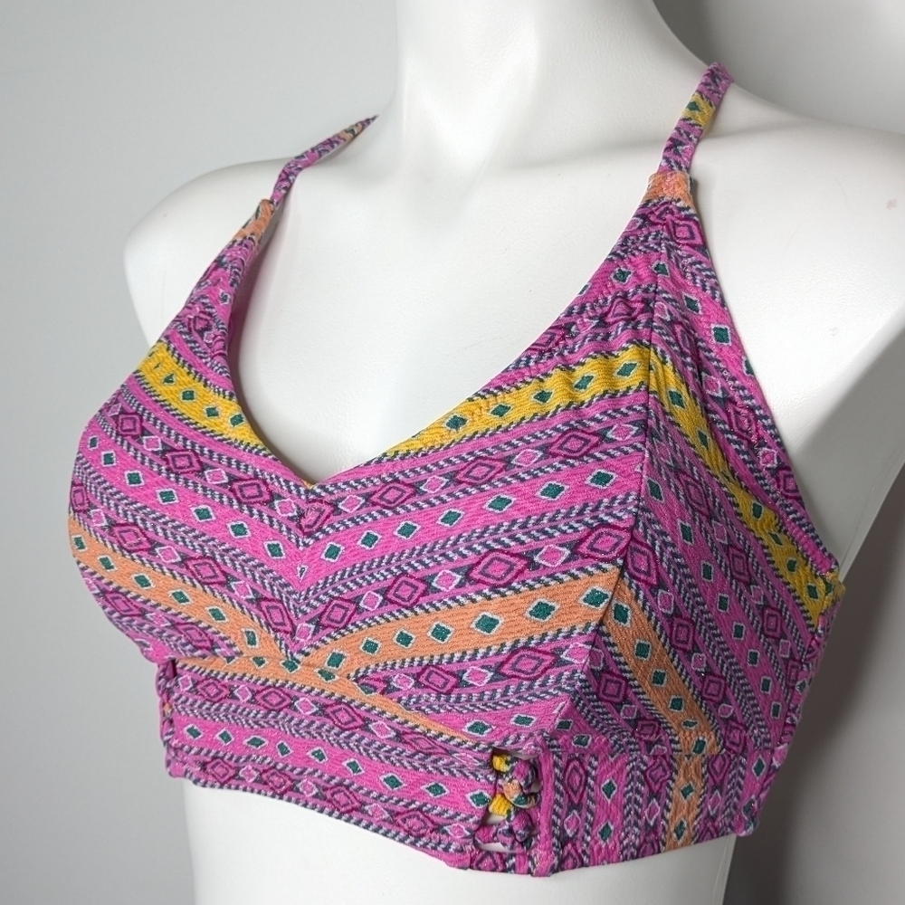 NWT Jessica Simpson pink yellow geometric v neck tie back bikini top L - Picture 2 of 9